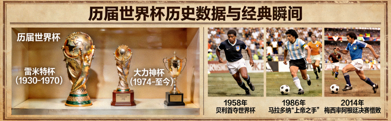 历届世界杯历史数据与经典瞬间 - 展示过往世界杯的奖杯、球星老照片