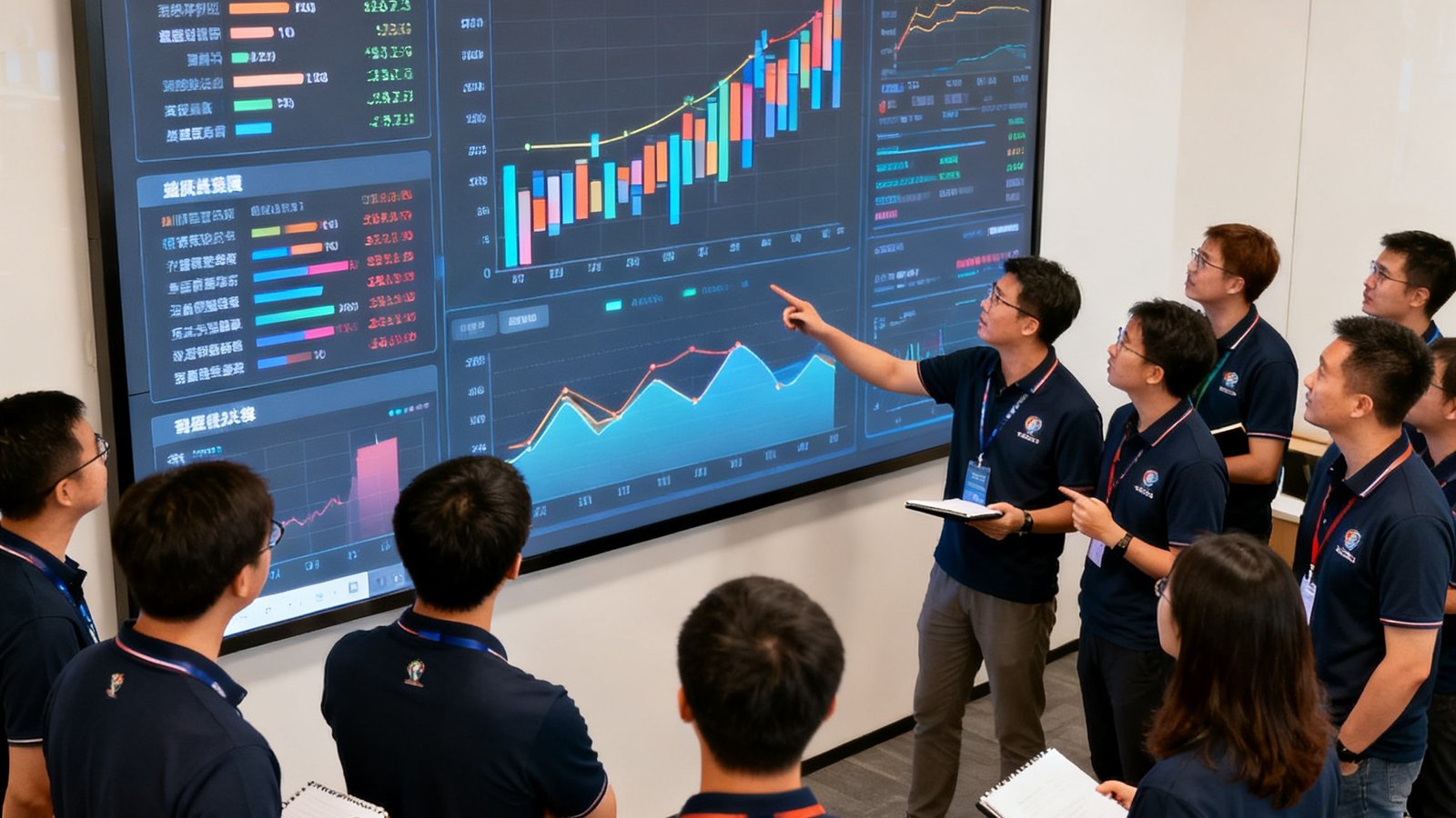 世界杯预测工具平台团队合影，47名成员在数据大屏前讨论模型迭代